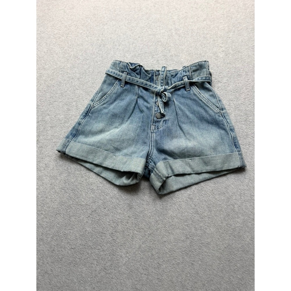 Light Wash Paperbag Waist Denim Shorts with Tie Belt and Button Fly Size 24